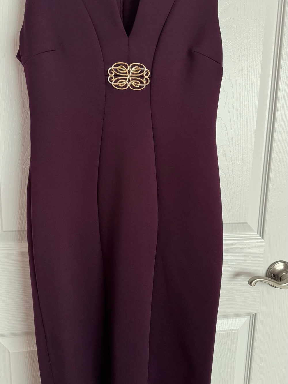 Calvin Klein Sleeveless Plum Sheath Dress with Gold Accent Brooch